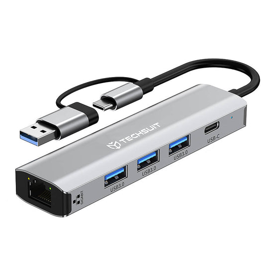 Hub USB / USB-C Techsuit H3 BoostNetLink, 5 en 1, Gris