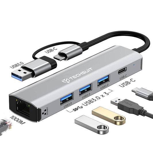 Hub USB / USB-C Techsuit H3 BoostNetLink, 5 en 1, Gris