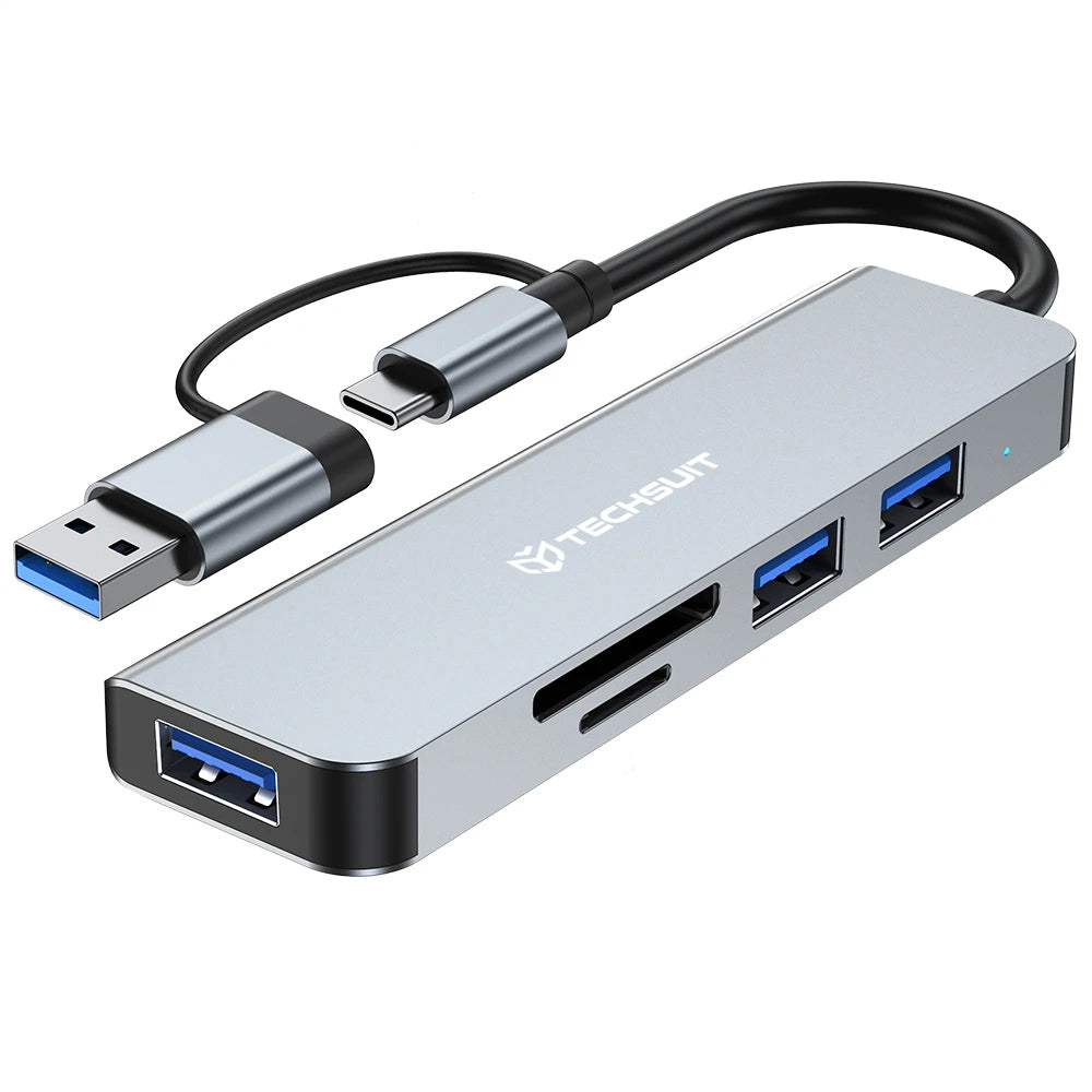Hub USB / USB-C Techsuit H7 DataBridge, 5 en 1, Gris