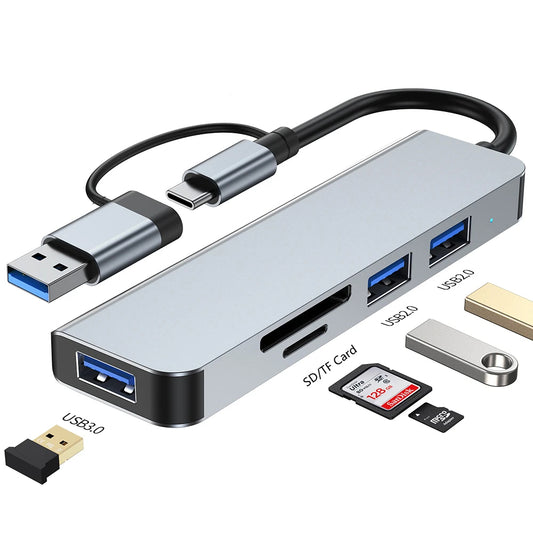 Hub USB / USB-C Techsuit H7 DataBridge, 5 en 1, Gris