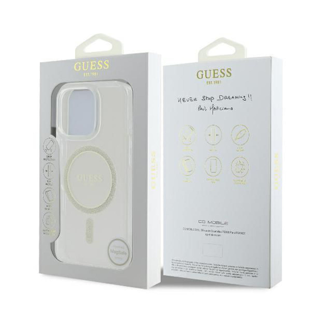 Funda MagSafe para Apple iPhone 16 Pro, Guess, IML Glitter Ring, Transparente GUHMP16LHFGERET