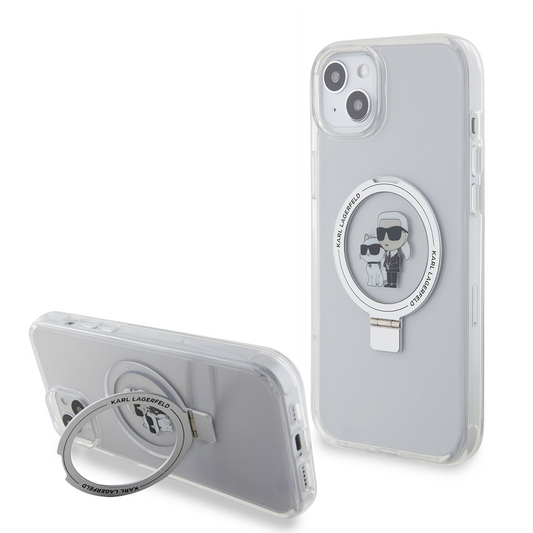 Funda MagSafe para Apple iPhone 15 Plus, Karl Lagerfeld, Ringstand Karl and Choupette, Blanca, Reacondicionada
