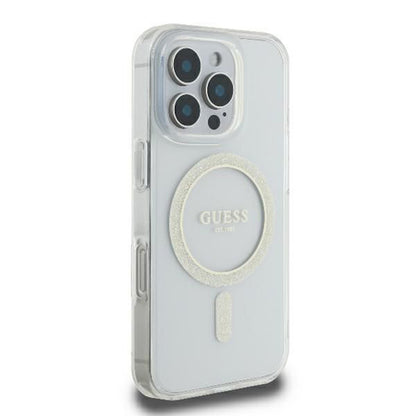 Funda MagSafe para Apple iPhone 16 Pro, Guess, IML Glitter Ring, Transparente GUHMP16LHFGERET