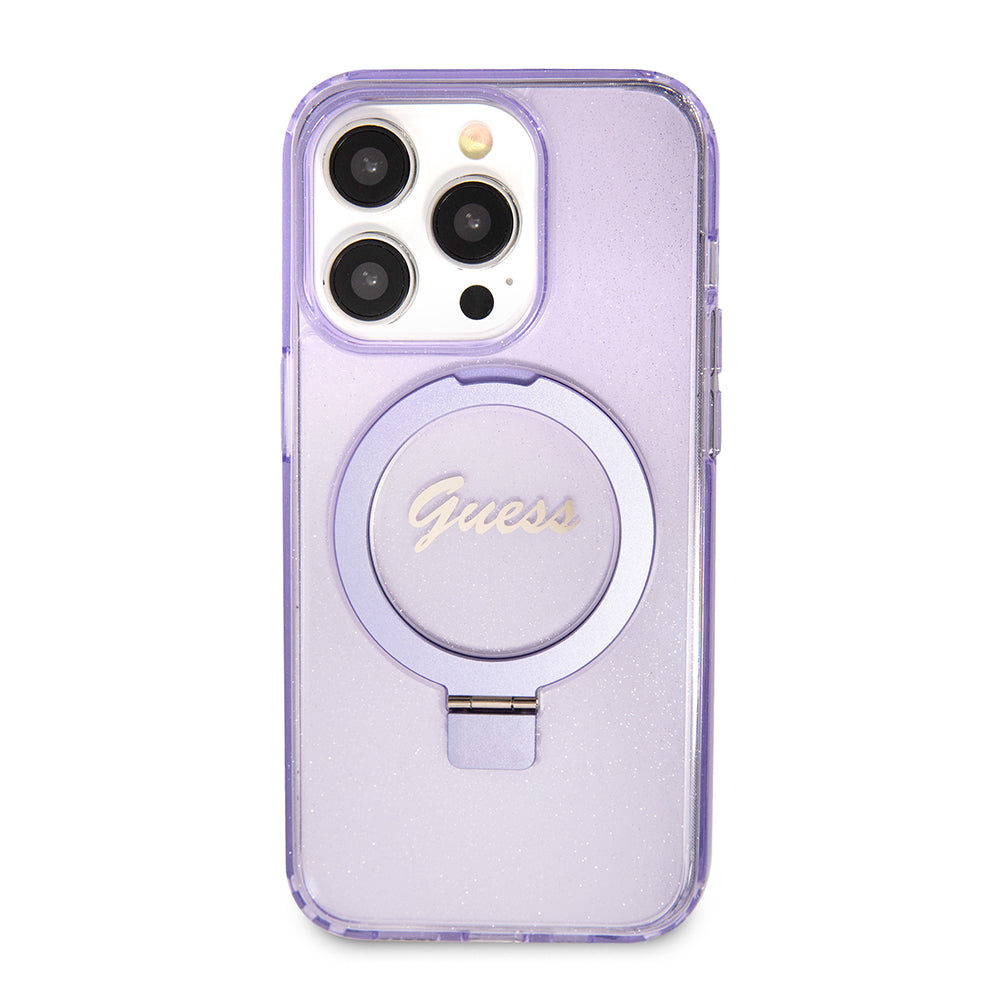 Funda MagSafe para Apple iPhone 15 Pro Max, Guess, IML Ring Stand Glitter, Morado GUHMP15XHRSGSU