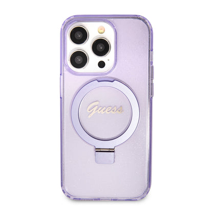 Funda MagSafe para Apple iPhone 15 Pro Max, Guess, IML Ring Stand Glitter, Morado GUHMP15XHRSGSU