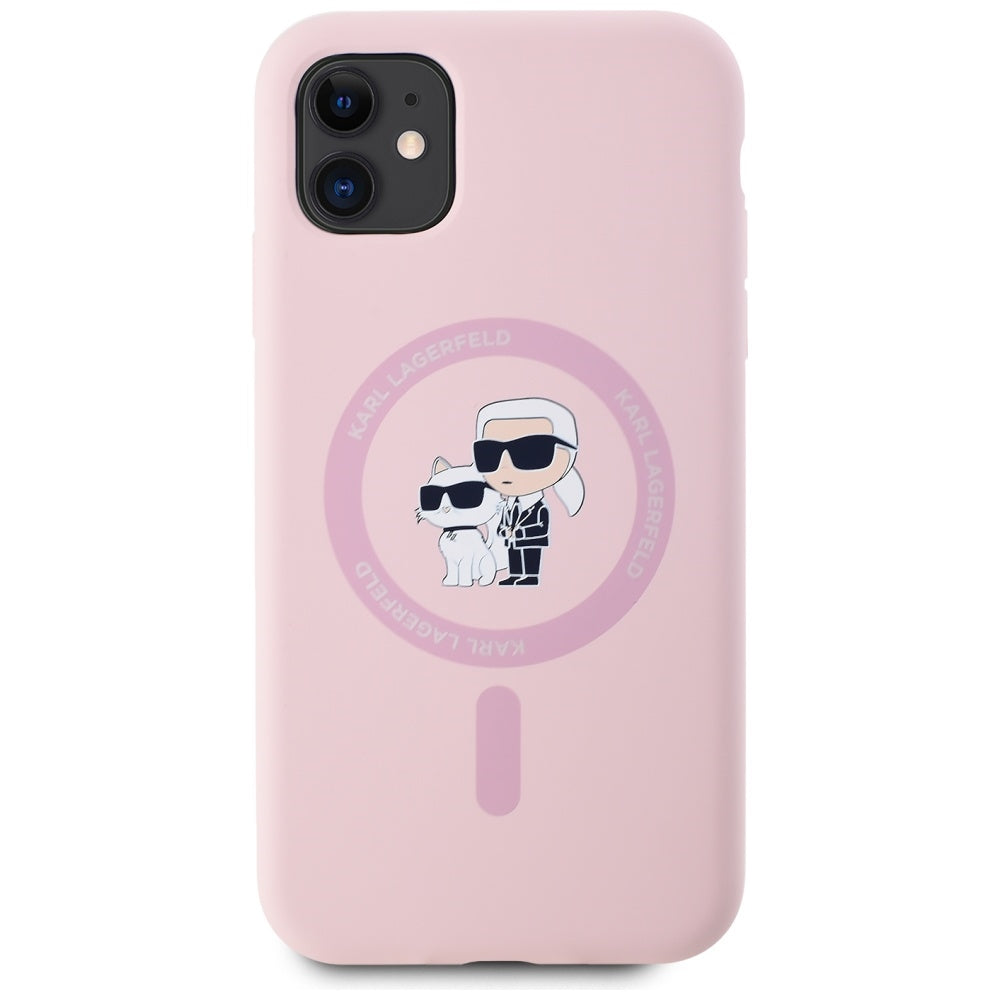 Funda MagSafe para Apple iPhone 11, Karl Lagerfeld, Silicona Karl & Choupette, Rosa.