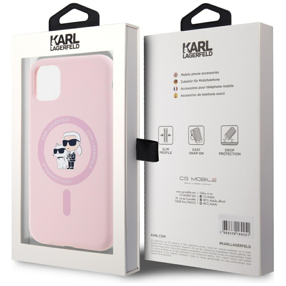 Funda MagSafe para Apple iPhone 11, Karl Lagerfeld, Silicona Karl & Choupette, Rosa.