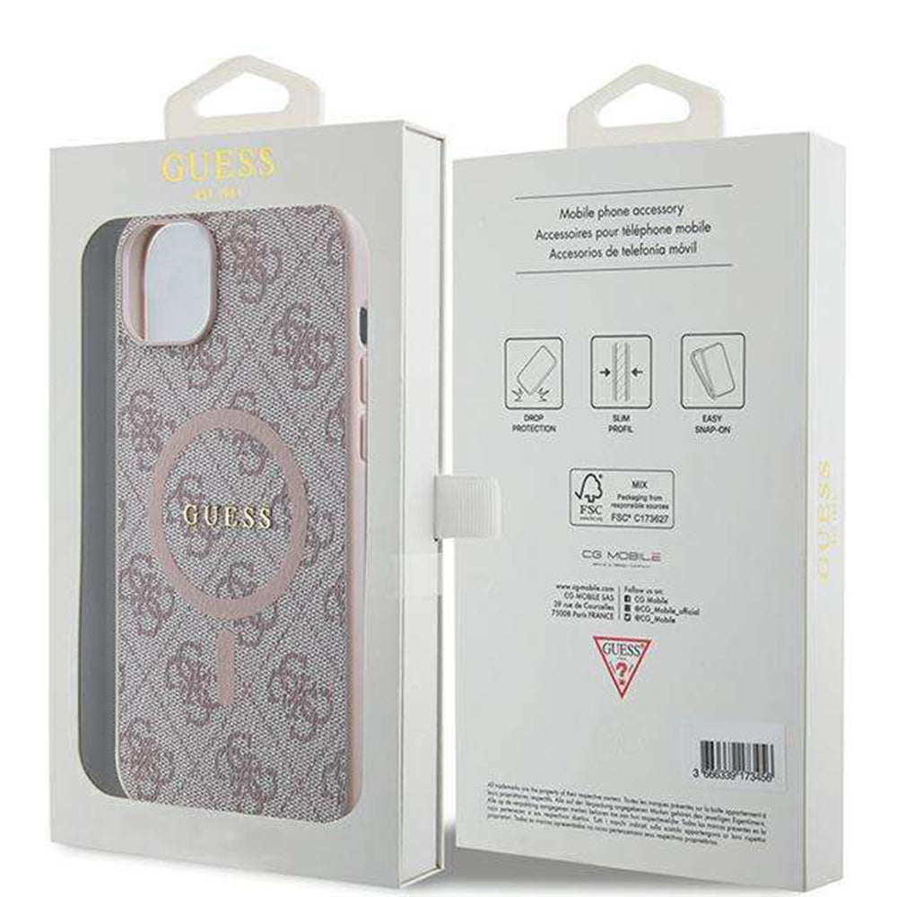 Funda MagSafe para Apple iPhone 14, Guess, 4G Ring Classic Logo, Rosa
