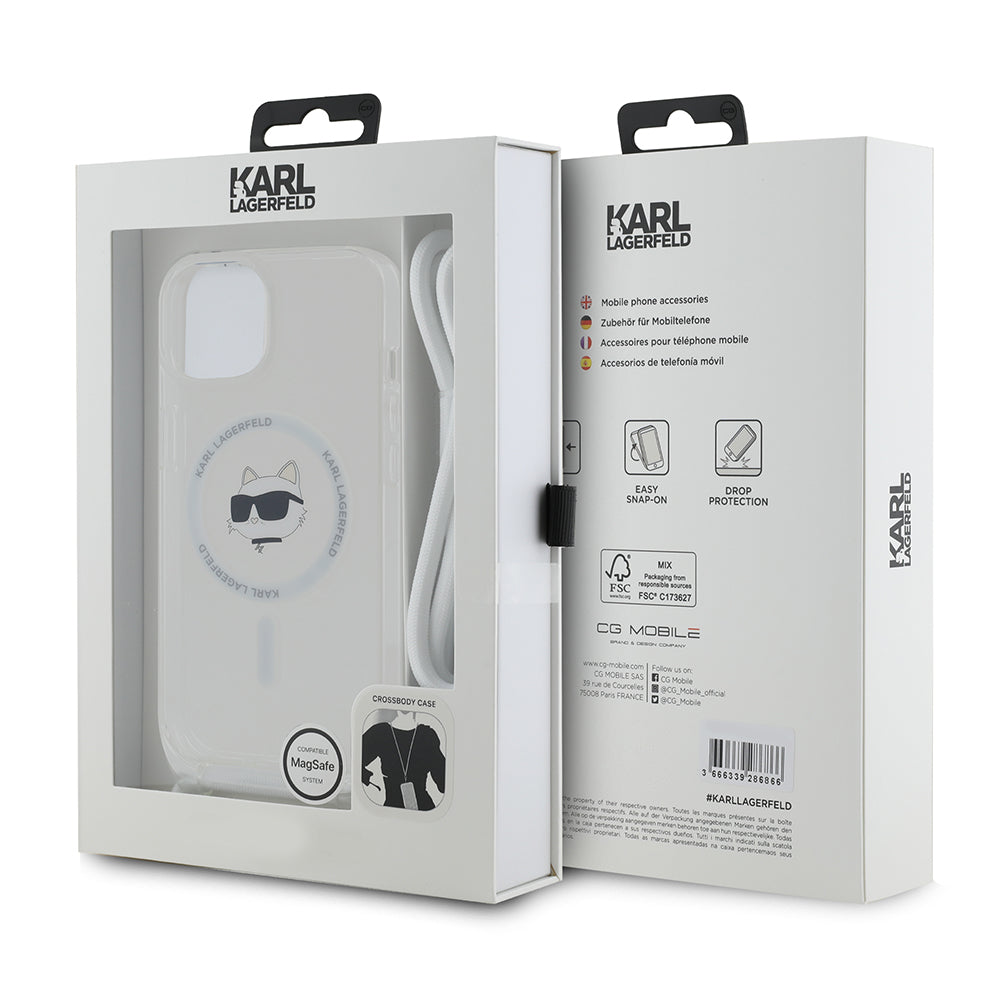 Funda MagSafe para Apple iPhone 14, Karl Lagerfeld, IML Crossbody Choupette's Head with Strap, Transparente