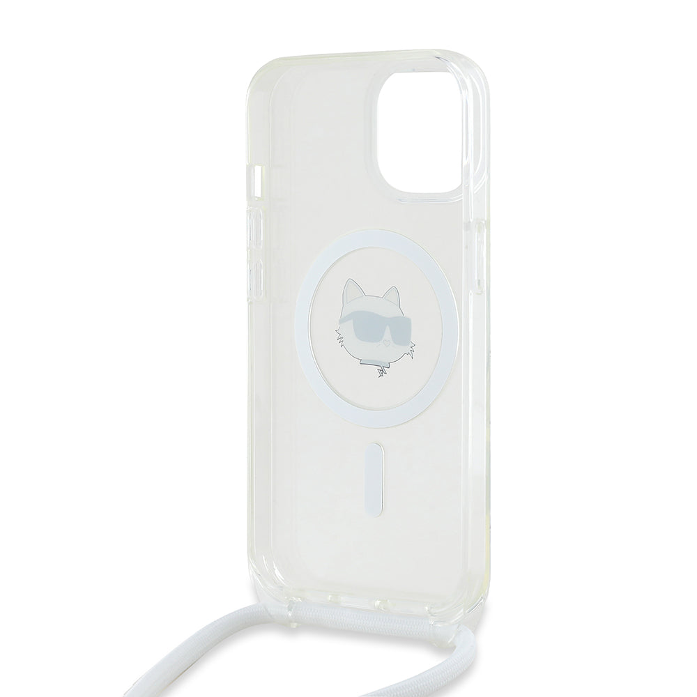 Funda MagSafe para Apple iPhone 14, Karl Lagerfeld, IML Crossbody Choupette's Head with Strap, Transparente