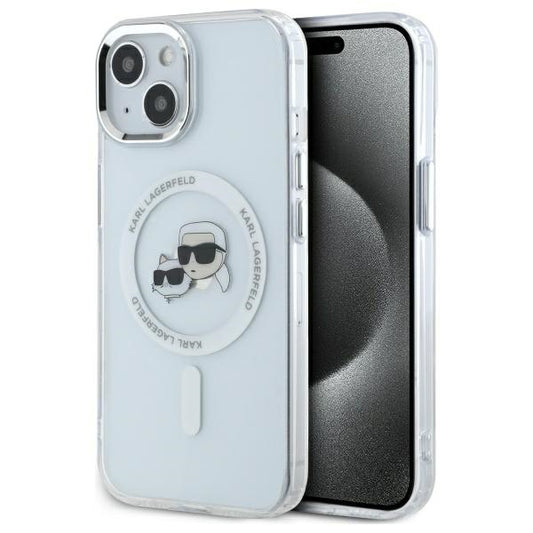 Funda MagSafe para Apple iPhone 14, Karl Lagerfeld, IML Metal Karl & Choupette's Heads, Blanca