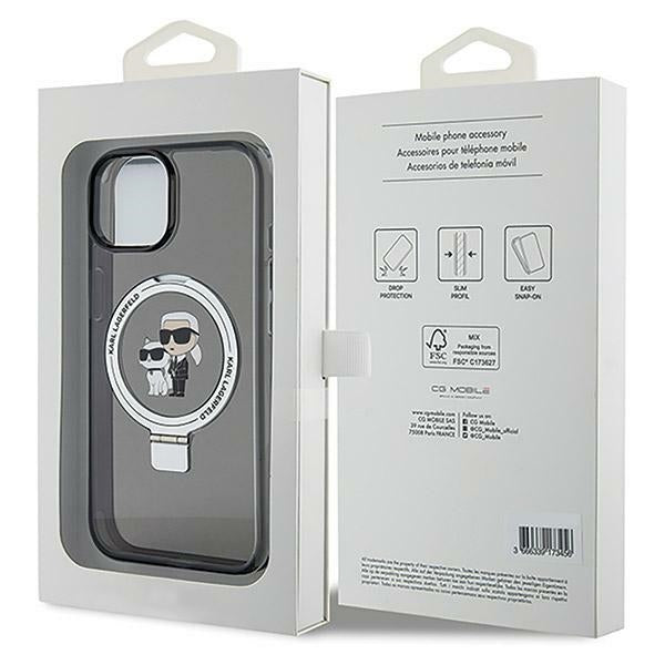 Funda MagSafe para Apple iPhone 14, Karl Lagerfeld, Ring Stand Karl & Choupette, Negra