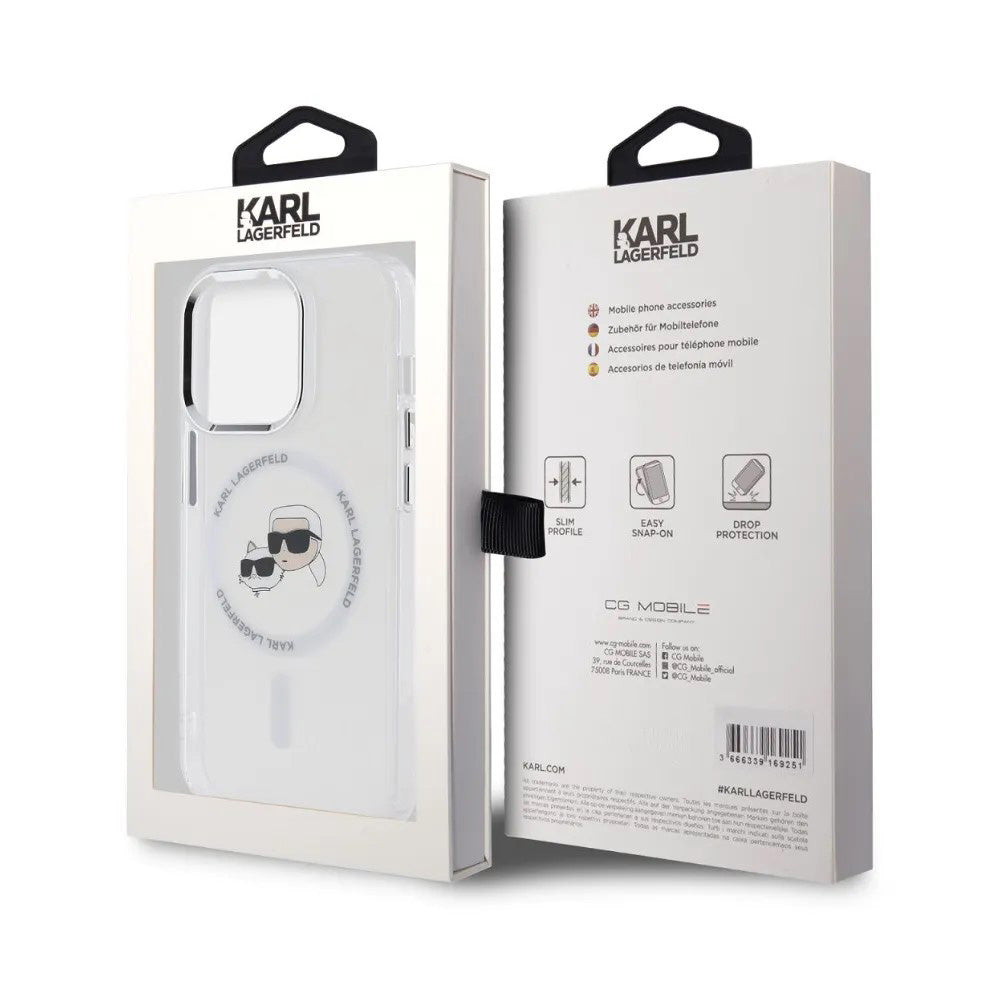 MagSafe Case for Apple iPhone 14 Pro, Karl Lagerfeld, IML Metal Karl & Choupette's Heads, White