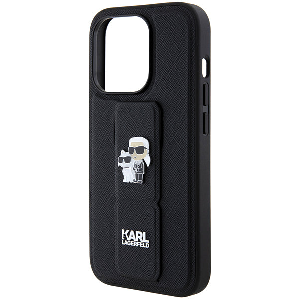 Funda MagSafe para Apple iPhone 14 Pro, Karl Lagerfeld, Saffiano Gripstand Karl & Choupette, Negra.