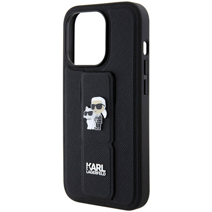 Funda MagSafe para Apple iPhone 14 Pro, Karl Lagerfeld, Saffiano Gripstand Karl & Choupette, Negra.