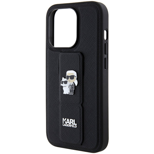 Funda MagSafe para Apple iPhone 14 Pro, Karl Lagerfeld, Saffiano Gripstand Karl & Choupette, Negra.