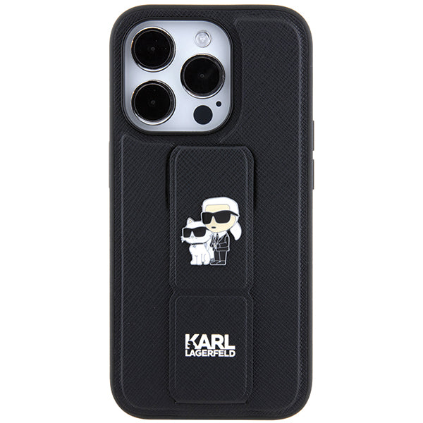 Funda MagSafe para Apple iPhone 14 Pro, Karl Lagerfeld, Saffiano Gripstand Karl & Choupette, Negra.