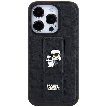 Funda MagSafe para Apple iPhone 14 Pro, Karl Lagerfeld, Saffiano Gripstand Karl & Choupette, Negra.