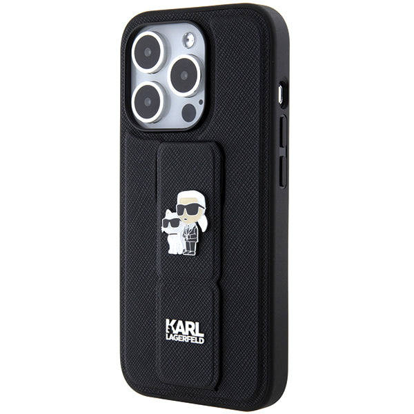 Funda MagSafe para Apple iPhone 14 Pro, Karl Lagerfeld, Saffiano Gripstand Karl & Choupette, Negra.