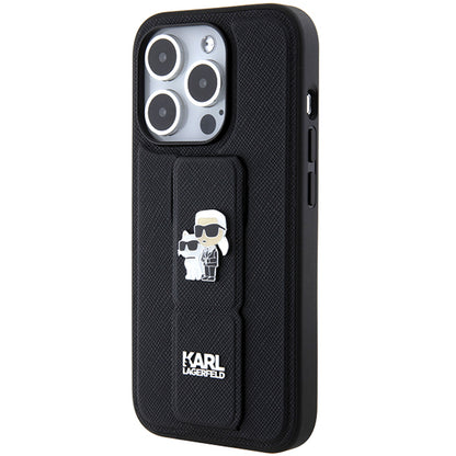 Funda MagSafe para Apple iPhone 14 Pro, Karl Lagerfeld, Saffiano Gripstand Karl & Choupette, Negra.