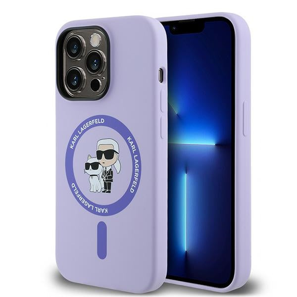Funda MagSafe para Apple iPhone 14 Pro, Karl Lagerfeld, Anillo de Silicona Karl & Choupette, Morado