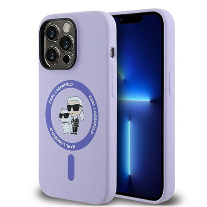 Funda MagSafe para Apple iPhone 14 Pro, Karl Lagerfeld, Anillo de Silicona Karl & Choupette, Morado