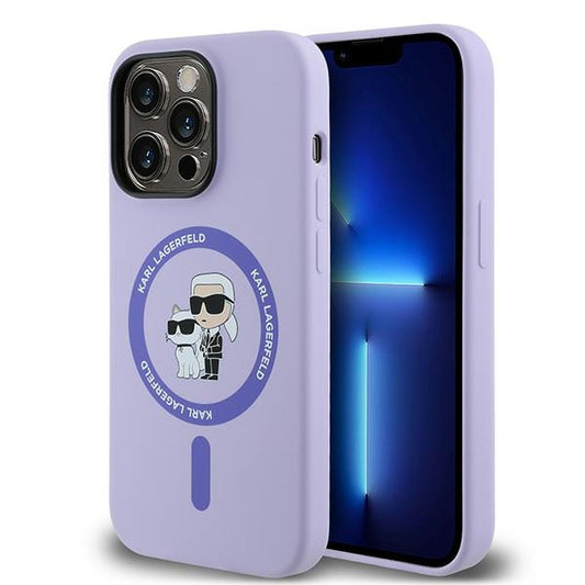 Funda MagSafe para Apple iPhone 14 Pro, Karl Lagerfeld, Anillo de Silicona Karl & Choupette, Morado