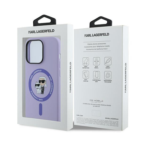 Funda MagSafe para Apple iPhone 14 Pro, Karl Lagerfeld, Anillo de Silicona Karl & Choupette, Morado