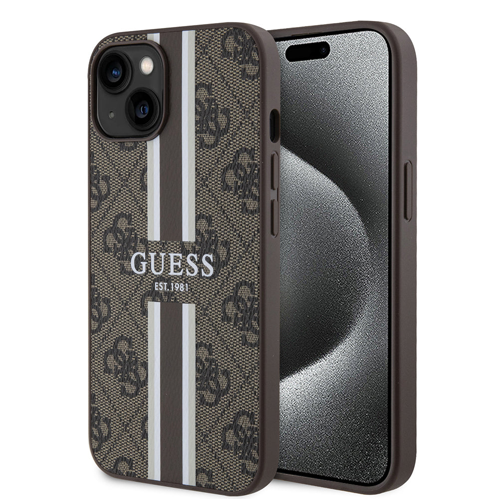 Funda MagSafe para Apple iPhone 15, Guess, 4G Printed Stripes, Marrón.