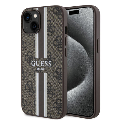 Funda MagSafe para Apple iPhone 15, Guess, 4G Printed Stripes, Marrón.