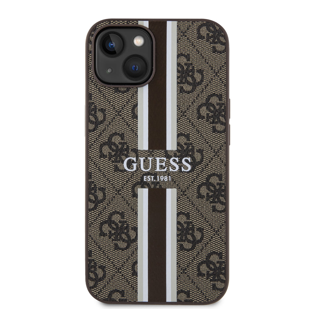 Funda MagSafe para Apple iPhone 15, Guess, 4G Printed Stripes, Marrón.