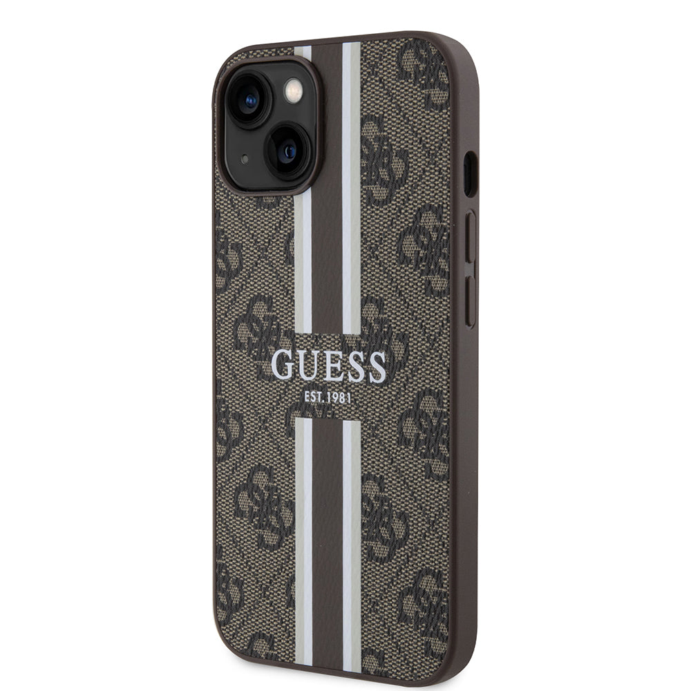 Funda MagSafe para Apple iPhone 15, Guess, 4G Printed Stripes, Marrón.