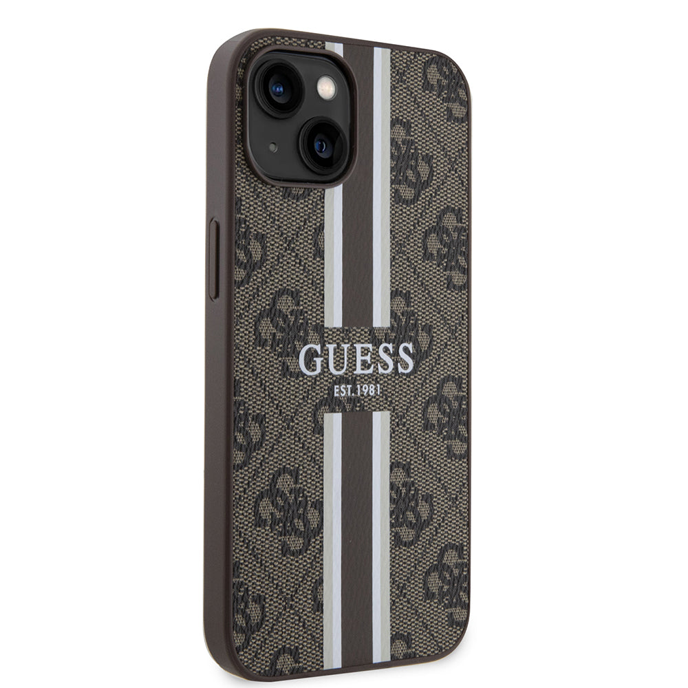 Funda MagSafe para Apple iPhone 15, Guess, 4G Printed Stripes, Marrón.