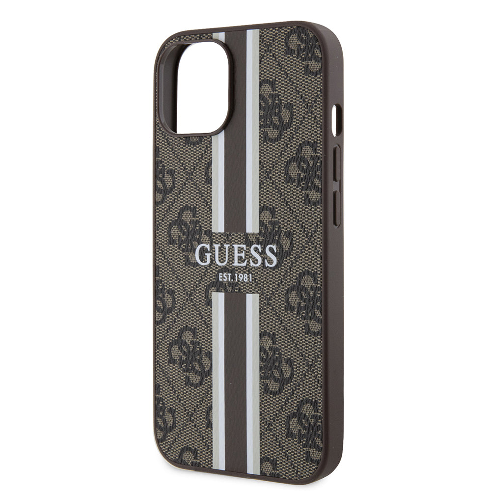 Funda MagSafe para Apple iPhone 15, Guess, 4G Printed Stripes, Marrón.