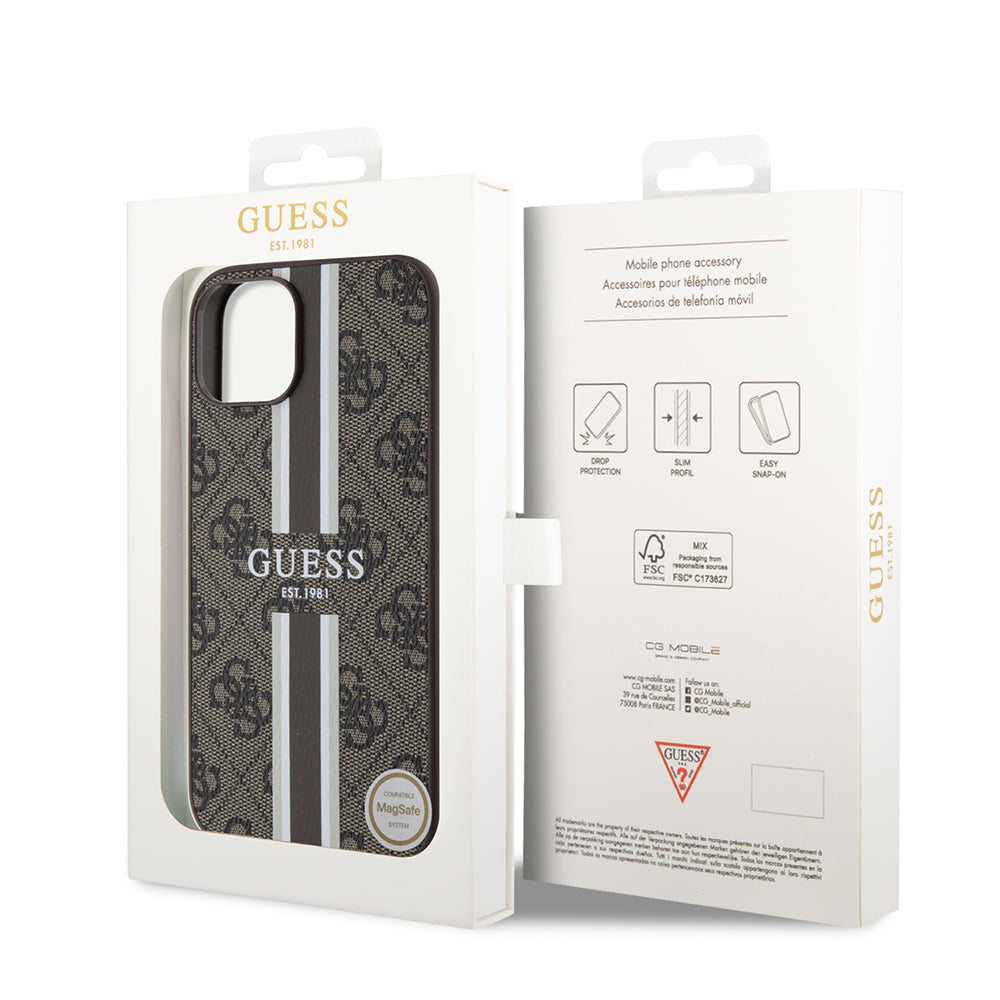 Funda MagSafe para Apple iPhone 15, Guess, 4G Printed Stripes, Marrón.