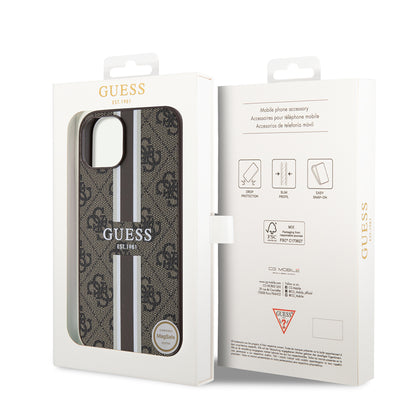 Funda MagSafe para Apple iPhone 15, Guess, 4G Printed Stripes, Marrón.