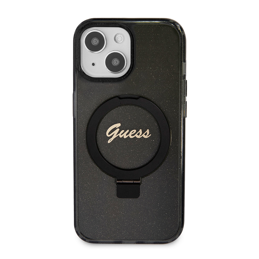Funda MagSafe para Apple iPhone 15, Guess, Ring Stand Script Glitter, Negra