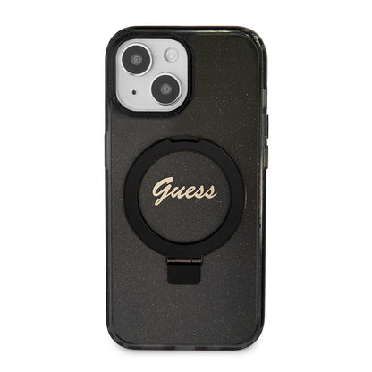Funda MagSafe para Apple iPhone 15, Guess, Ring Stand Script Glitter, Negra