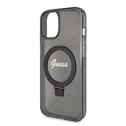 Funda MagSafe para Apple iPhone 15, Guess, Ring Stand Script Glitter, Negra