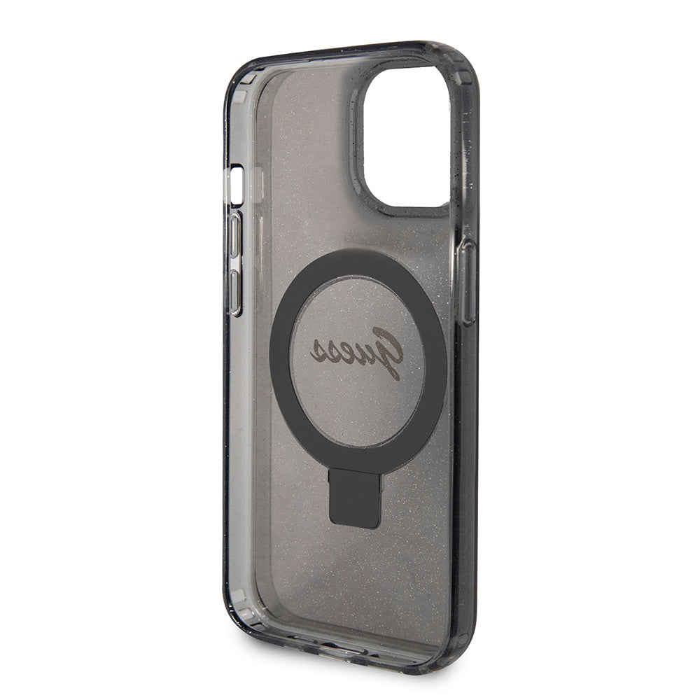Funda MagSafe para Apple iPhone 15, Guess, Ring Stand Script Glitter, Negra