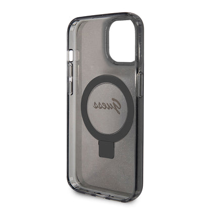 Funda MagSafe para Apple iPhone 15, Guess, Ring Stand Script Glitter, Negra