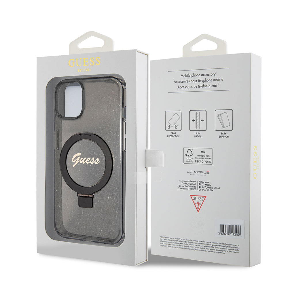 Funda MagSafe para Apple iPhone 15, Guess, Ring Stand Script Glitter, Negra