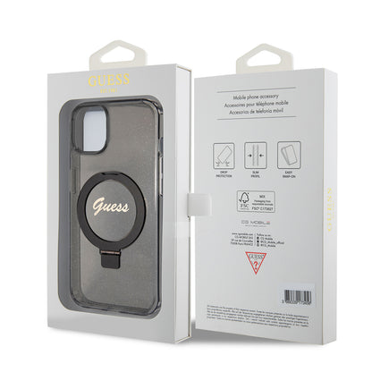 Funda MagSafe para Apple iPhone 15, Guess, Ring Stand Script Glitter, Negra