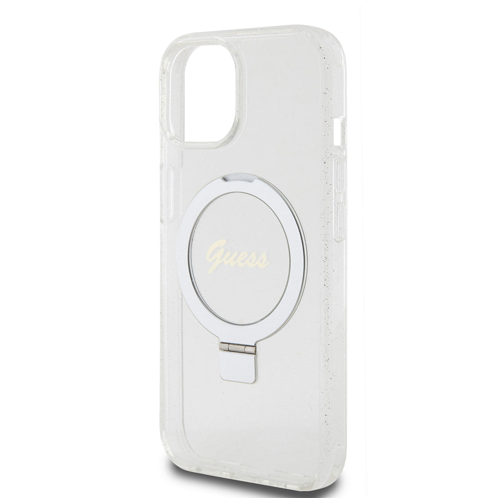Funda MagSafe para Apple iPhone 15, Guess, Ring Stand Script Glitter, Transparente