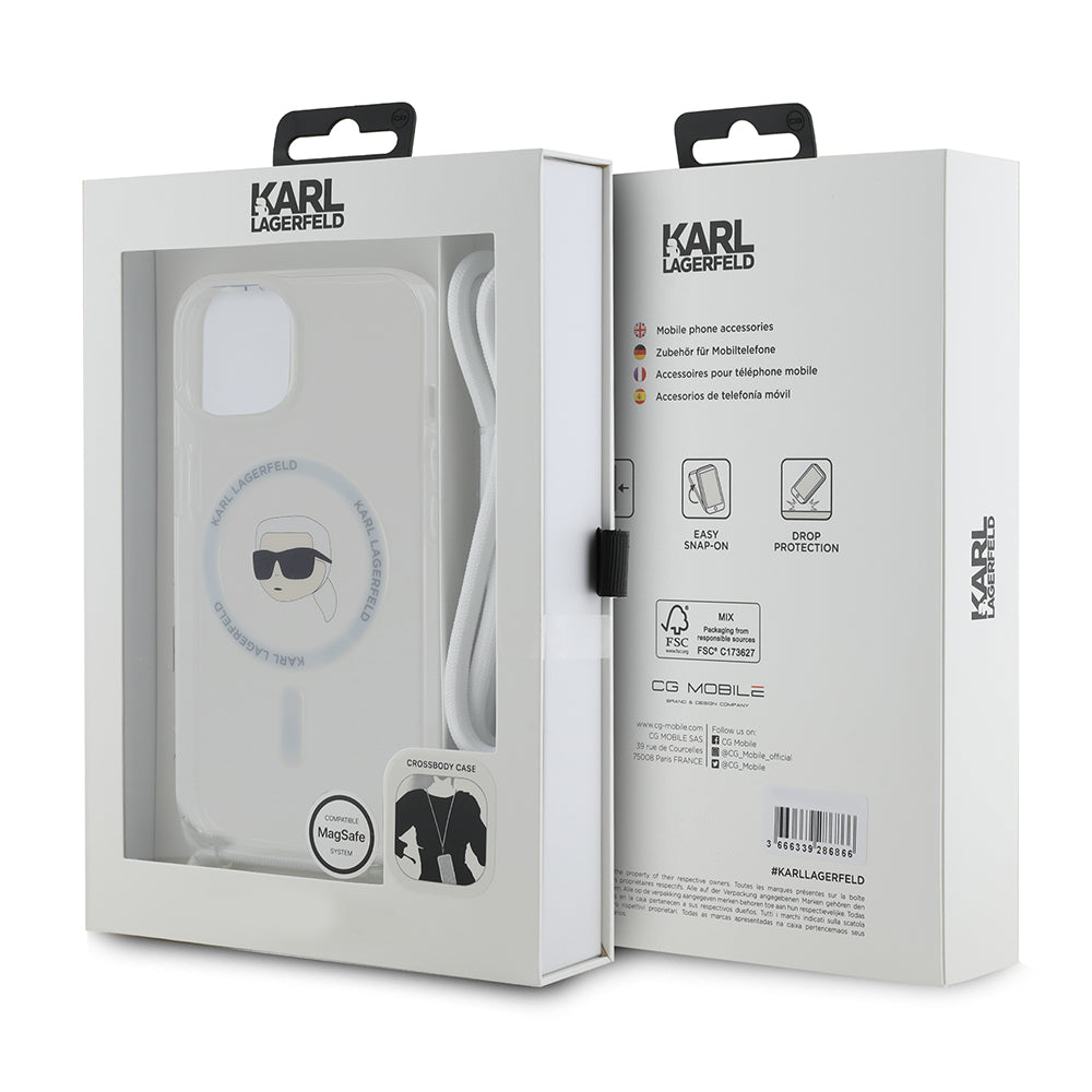 Funda MagSafe para Apple iPhone 15, Karl Lagerfeld, IML Crossbody Karl's Head, Transparente