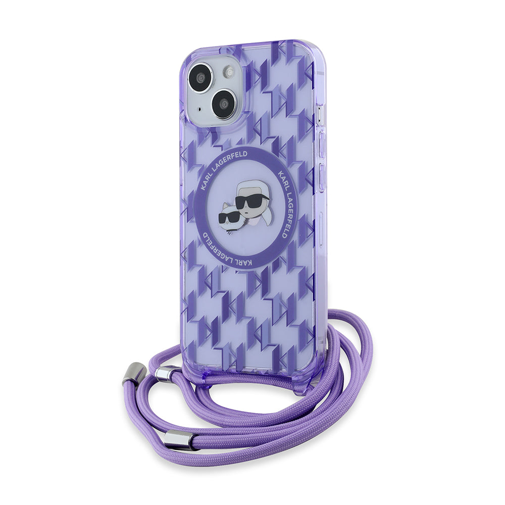 Funda MagSafe para Apple iPhone 15, Karl Lagerfeld, IML Crossbody Monogram Karl & Choupette's Heads, Morado