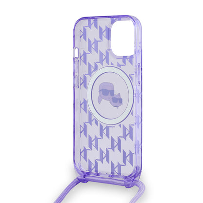Funda MagSafe para Apple iPhone 15, Karl Lagerfeld, IML Crossbody Monogram Karl & Choupette's Heads, Morado