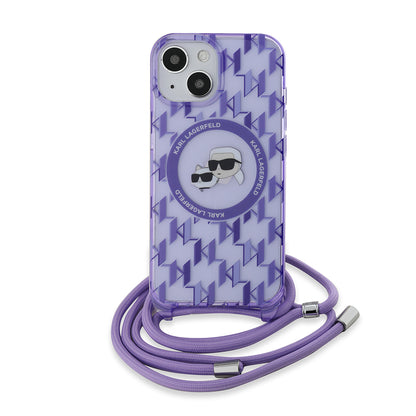 Funda MagSafe para Apple iPhone 15, Karl Lagerfeld, IML Crossbody Monogram Karl & Choupette's Heads, Morado