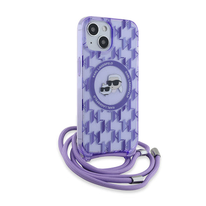 Funda MagSafe para Apple iPhone 15, Karl Lagerfeld, IML Crossbody Monogram Karl & Choupette's Heads, Morado