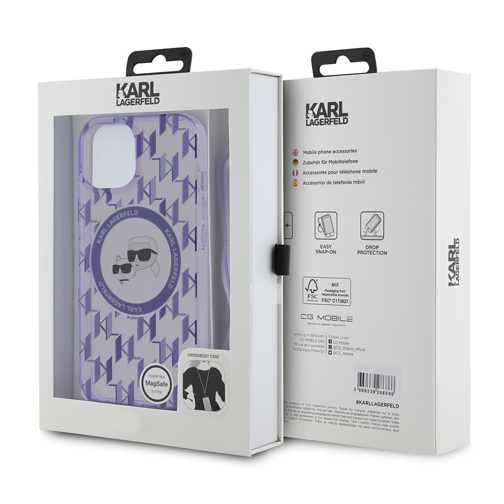 Funda MagSafe para Apple iPhone 15, Karl Lagerfeld, IML Crossbody Monogram Karl & Choupette's Heads, Morado